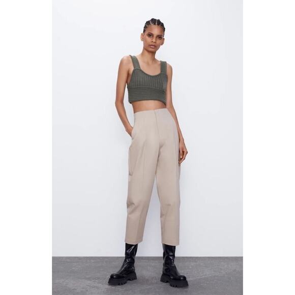 Zara Cropped Pants Medium Beige Cream High Rise Waist Straight Leg Trousers Work - Picture 1 of 8